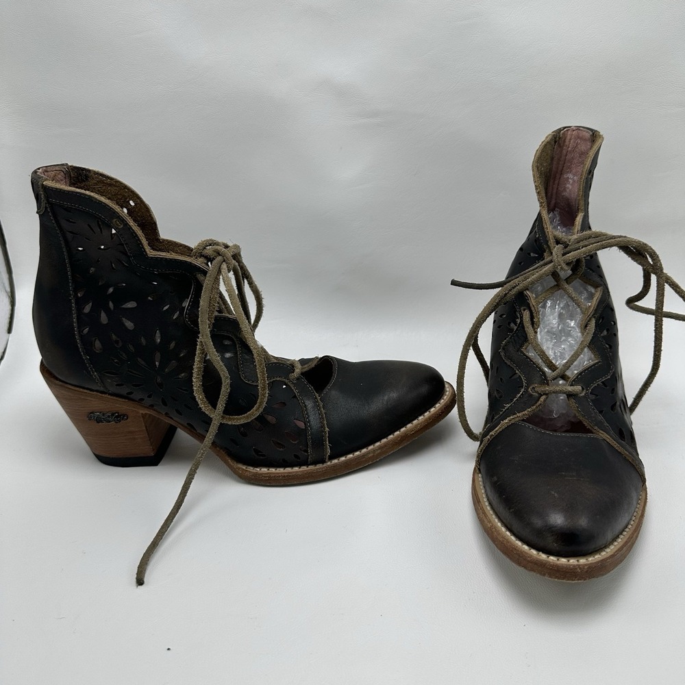 Women's Black Lace-Up Cutout Ankle Booties with Stacked Heel
